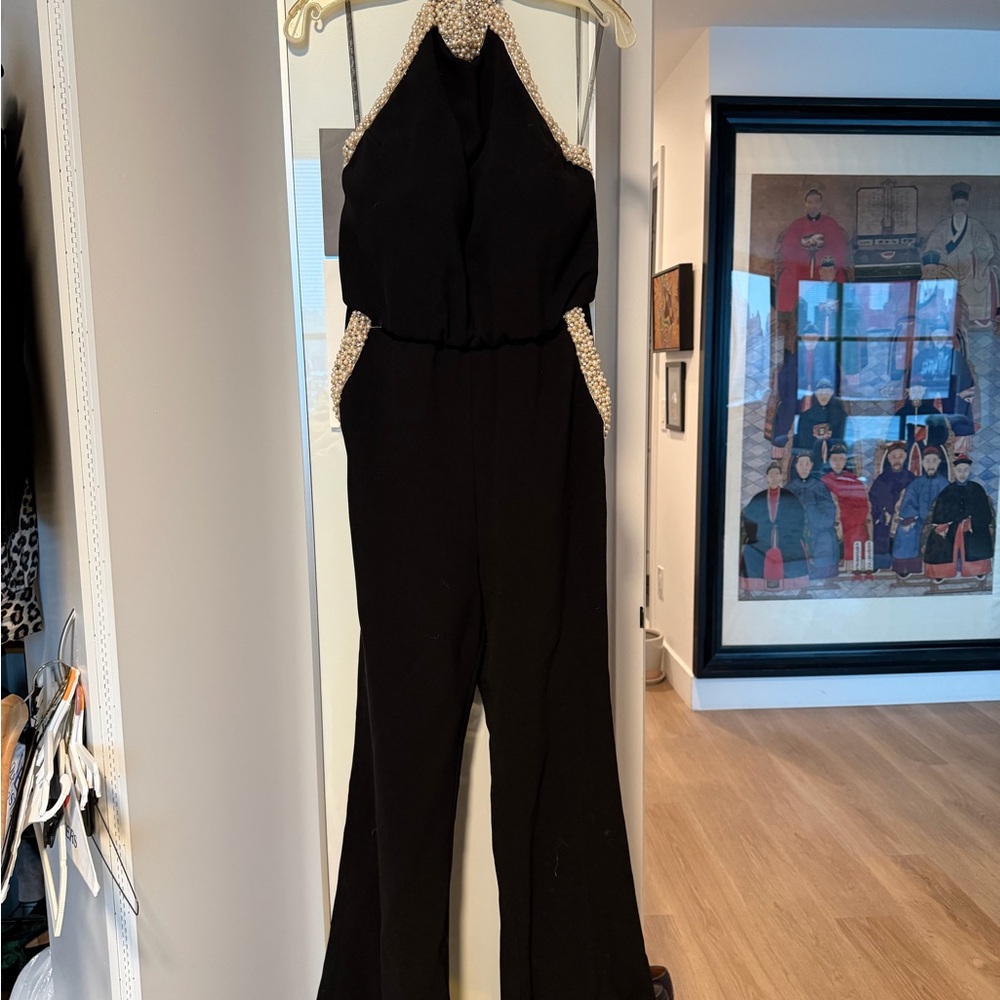Rachel Zoe Black Jumpsuit with Pearl & Rhinestone Embellishments